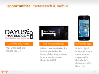 Opportunities: metasearch & mobile

Daytime only rentals
“For work, rest and
rendez-vous...”

(PhoCusWright, 2013)

Last minute bookings

Concierge apps

65% of people who book a
hotel room within 24
hours of checking in do so
from a mobile device
(Expedia, 2013)

Build a digital
bridge with your
customers and
engage with
them before,
during and after
their trip.
17

 