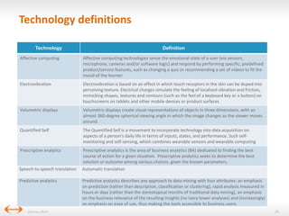 Technology definitions
Technology

Definition

Affective computing

Affective computing technologies sense the emotional state of a user (via sensors,
microphone, cameras and/or software logic) and respond by performing specific, predefined
product/service features, such as changing a quiz or recommending a set of videos to fit the
mood of the learner.

Electrovibration

Electrovibration is based on an effect in which touch receptors in the skin can be duped into
perceiving texture. Electrical charges simulate the feeling of localized vibration and friction,
mimicking shapes, textures and contours (such as the feel of a keyboard key or a button) on
touchscreens on tablets and other mobile devices or product surfaces

Volumetric displays

Volumetric displays create visual representations of objects in three dimensions, with an
almost 360-degree spherical viewing angle in which the image changes as the viewer moves
around.

Quantified Self

The Quantified Self is a movement to incorporate technology into data acquisition on
aspects of a person's daily life in terms of inputs, states, and performance. Such selfmonitoring and self-sensing, which combines wearable sensors and wearable computing

Prescriptive analytics

Prescriptive analytics is the area of business analytics (BA) dedicated to finding the best
course of action for a given situation. Prescriptive analytics seeks to determine the best
solution or outcome among various choices, given the known parameters.
Automatic translation

Speech-to-speech translation
Predictive analytics

(Gartner, 2013)

Predictive analytics describes any approach to data mining with four attributes: an emphasis
on prediction (rather than description, classification or clustering), rapid analysis measured in
hours or days (rather than the stereotypical months of traditional data mining), an emphasis
on the business relevance of the resulting insights (no ivory tower analyses) and (increasingly)
an emphasis on ease of use, thus making the tools accessible to business users.
26

 