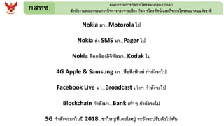 กสทช. คณะกรรมการกิจการโทรคมนาคม (กทค.)
สานักงานคณะกรรมการกิจการกระจายเสียง กิจการโทรทัศน์ และกิจการโทรคมนาคมแห่งชาติ
Nokia มา...Motorola ไป
Nokia ส่ง SMS มา...Pager ไป
Nokia ติดกล้องดิจิทัลมา...Kodak ไป
4G Apple & Samsung มา...สื่อสิ่งพิมพ์ กาลังจะไป
Facebook Live มา...Broadcast เก่าๆ กาลังจะไป
Blockchain กาลังมา...Bank เก่าๆ กาลังจะไป
5G กาลังจะมาในปี 2018...ขาใหญ่ที่เคยใหญ่ ระวังจะปรับตัวไม่ทัน
 