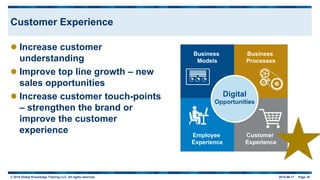 © 2015 Global Knowledge Training LLC. All rights reserved. 2015-06-17 Page 16
Customer Experience
 Increase customer
understanding
 Improve top line growth – new
sales opportunities
 Increase customer touch-points
– strengthen the brand or
improve the customer
experience
 