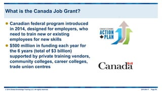 © 2015 Global Knowledge Training LLC. All rights reserved. 2015-06-17 Page 55
What is the Canada Job Grant?
 Canadian federal program introduced
in 2014, designed for employers, who
need to train new or existing
employees for new skills
 $500 million in funding each year for
the 6 years (total of $3 billion)
supported by private training vendors,
community colleges, career colleges,
trade union centres
 