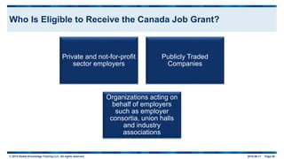 © 2015 Global Knowledge Training LLC. All rights reserved. 2015-06-17 Page 56
Who Is Eligible to Receive the Canada Job Grant?
Private and not-for-profit
sector employers
Publicly Traded
Companies
Organizations acting on
behalf of employers
such as employer
consortia, union halls
and industry
associations
 