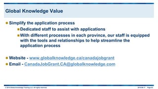 © 2015 Global Knowledge Training LLC. All rights reserved. 2015-06-17 Page 63
Global Knowledge Value
 Simplify the application process
Dedicated staff to assist with applications
With different processes in each province, our staff is equipped
with the tools and relationships to help streamline the
application process
 Website - www.globalknowledge.ca/canadajobgrant
 Email - CanadaJobGrant.CA@globalknowledge.com
 