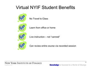 Virtual NYIF Student Benefits No Travel to Class Learn from office or home Live instruction – not “canned” Can review entire course via recorded session 