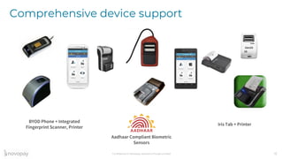 Confidential © Novopay Solutions Private Limited
Comprehensive device support
12
BYOD Phone + Integrated
Fingerprint Scanner, Printer
Aadhaar Compliant Biometric
Sensors
Iris Tab + Printer
 