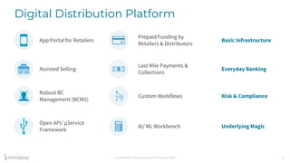 Confidential © Novopay Solutions Private Limited 4
Digital Distribution Platform
App Portal for Retailers
Prepaid Funding by
Retailers & Distributors
Basic Infrastructure
Assisted Selling
Last Mile Payments &
Collections
Everyday Banking
Robust BC
Management (BCMS)
Custom Workflows Risk & Compliance
Open API/ μService
Framework
AI/ ML Workbench Underlying Magic
 