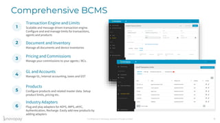 Confidential © Novopay Solutions Private Limited 6
Comprehensive BCMS
1
2
3
4
5
6
Transaction Engine and Limits
Scalable and message driven transaction engine.
Configure and and manage limits for transactions,
agents and products
Document and Inventory
Manage all documents and device inventories
Pricing and Commissions
Manage your commissions to your agents / BCs.
GL and Accounts
Manage GL, internal accounting, taxes and GST
Products
Configure products and related master data. Setup
product limits, pricing etc.
Industry Adapters
Plug and play adapters for AEPS, IMPS, eKYC,
Authentication, Recharge. Easily add new products by
adding adapters
 
