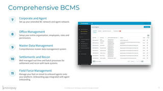 Confidential © Novopay Solutions Private Limited 7
Comprehensive BCMS
7
8
9
10
11
Corporate and Agent
Set up your extended BC network and agent network.
Office Management
Setup your entire organisation, employees, roles and
permissions
Master Data Management
Comprehensive master data management system
Settlements and Recon
Well managed real time and batch processes for
settlement and recon with bank systems
Field Force Management
Manage your feet on street to onboard agents onto
your platform. Onboarding app integrated with agent
onboarding
 