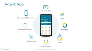 Confidential © Novopay Solutions Private Limited 8
Agent App
Pay and Collect
Khata Book
Assisted eCom
Loans
Recharge & Bill Payments
Invest
Insurance & Healthcare
Retailer Account
 