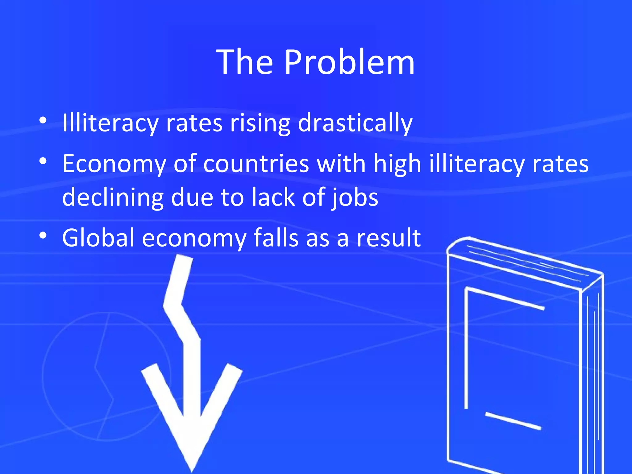 The Problem Illiteracy rates rising drastically Economy of countries with high illiteracy rates declining due to lack of jobs Global economy falls as a result 