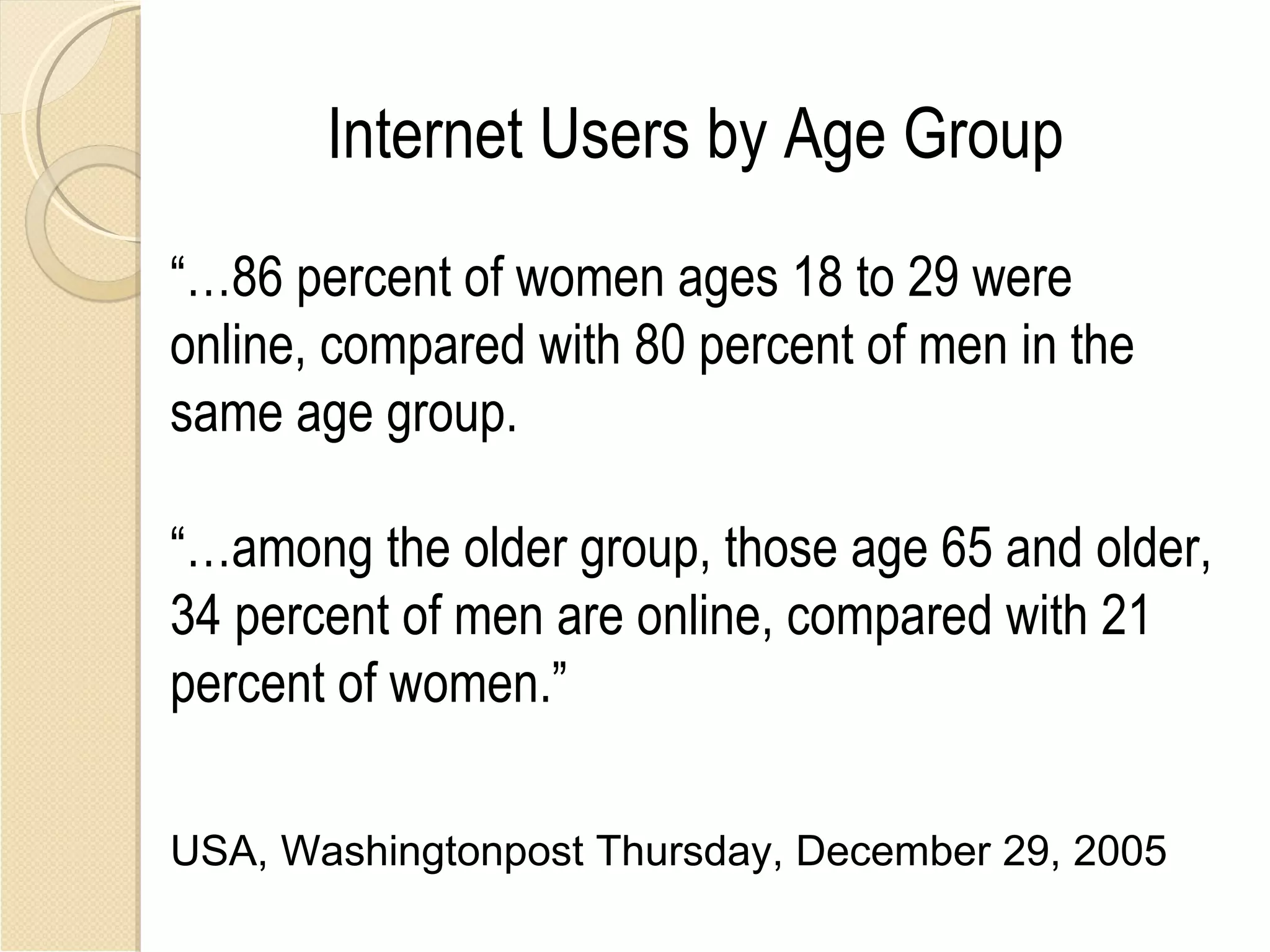 Internet Users by Age Group
“…86 percent of women ages 18 to 29 were
online, compared with 80 percent of men in the
same age group.

“…among the older group, those age 65 and older,
34 percent of men are online, compared with 21
percent of women.”

USA, Washingtonpost Thursday, December 29, 2005
 