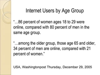 Internet Users by Age Group
“…86 percent of women ages 18 to 29 were
online, compared with 80 percent of men in the
same age group.

“…among the older group, those age 65 and older,
34 percent of men are online, compared with 21
percent of women.”

USA, Washingtonpost Thursday, December 29, 2005
 