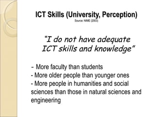 ICT Skills (University, Perception)
                 Source: NIME (2003)




    “I do not have adequate
    ICT skills and knowledge”

- More faculty than students
- More older people than younger ones
- More people in humanities and social
sciences than those in natural sciences and
engineering
 