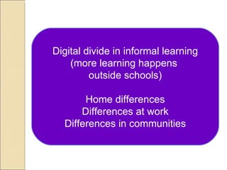 Digital divide in informal learning
    (more learning happens
         outside schools)

       Home differences
      Differences at work
  Differences in communities
 
