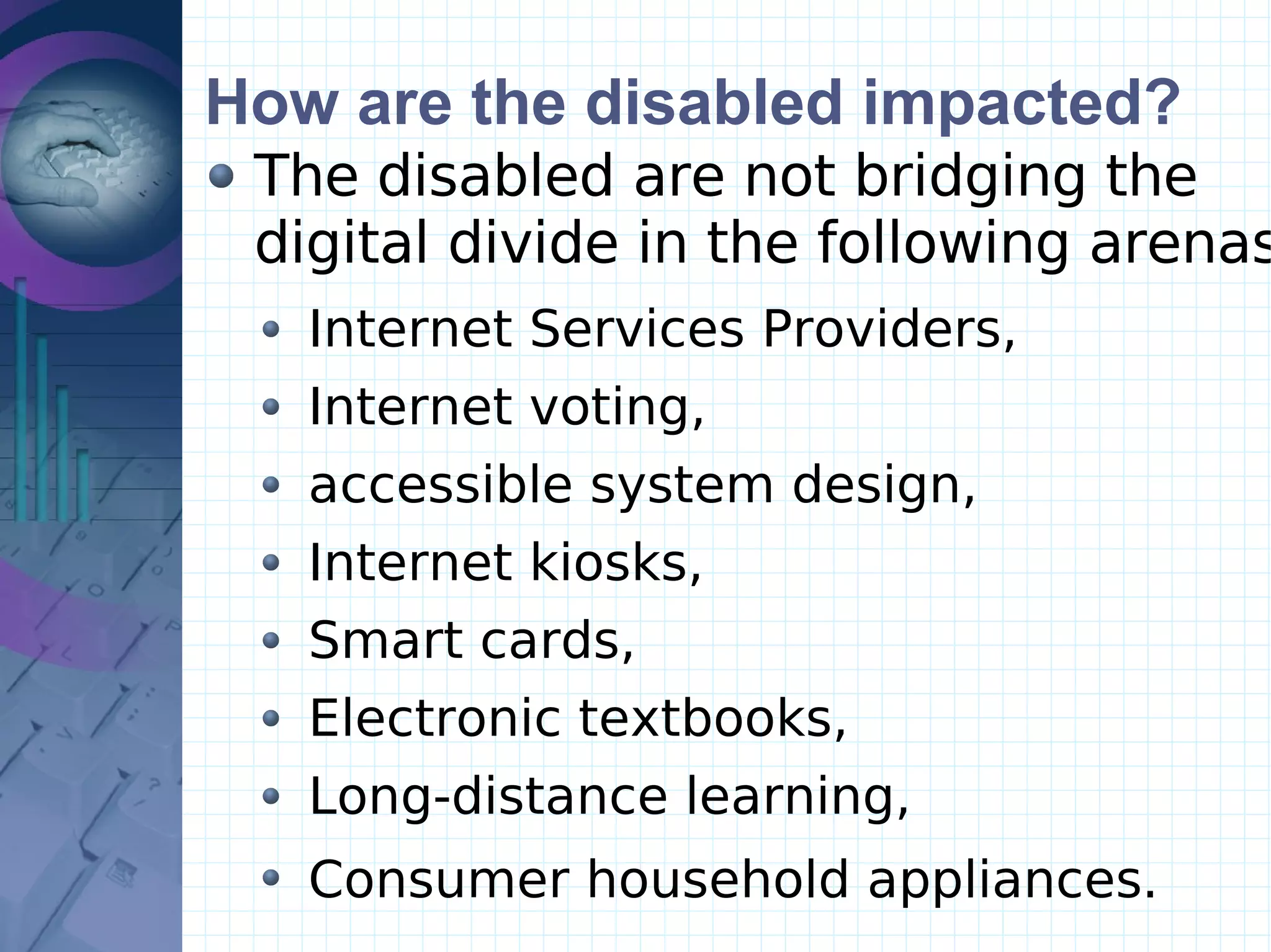 How are the disabled impacted? The disabled are not bridging the digital divide in the following arenas: Internet Services Providers, Internet voting,  accessible system design,  Internet kiosks, Smart cards, Electronic textbooks, Long-distance learning, Consumer household appliances.     