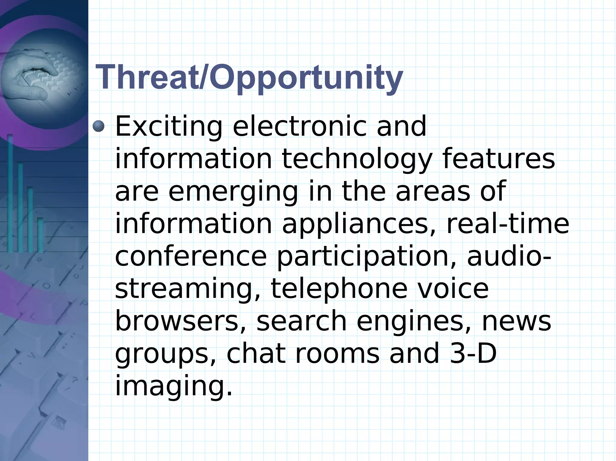 Threat/Opportunity Exciting electronic and information technology features are emerging in the areas of information appliances, real-time conference participation, audio-streaming, telephone voice browsers, search engines, news groups, chat rooms and 3-D imaging. 