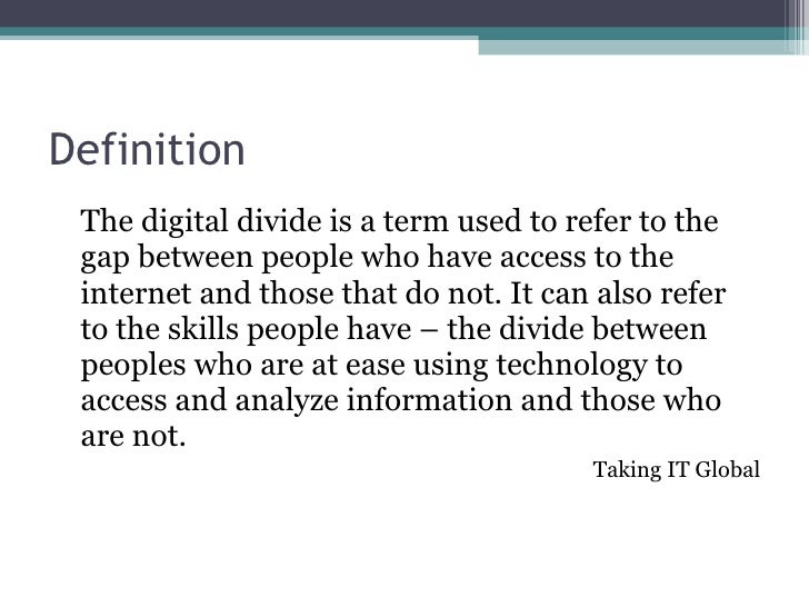 the concept of digital divide and This paper examines the concept of a digital divide by introducing problematic examples of community technology projects and analyzing models of technology access. the concept of digital divide and This paper examines the concept of a digital divide by introducing problematic examples of community technology projects and analyzing models of technology access.