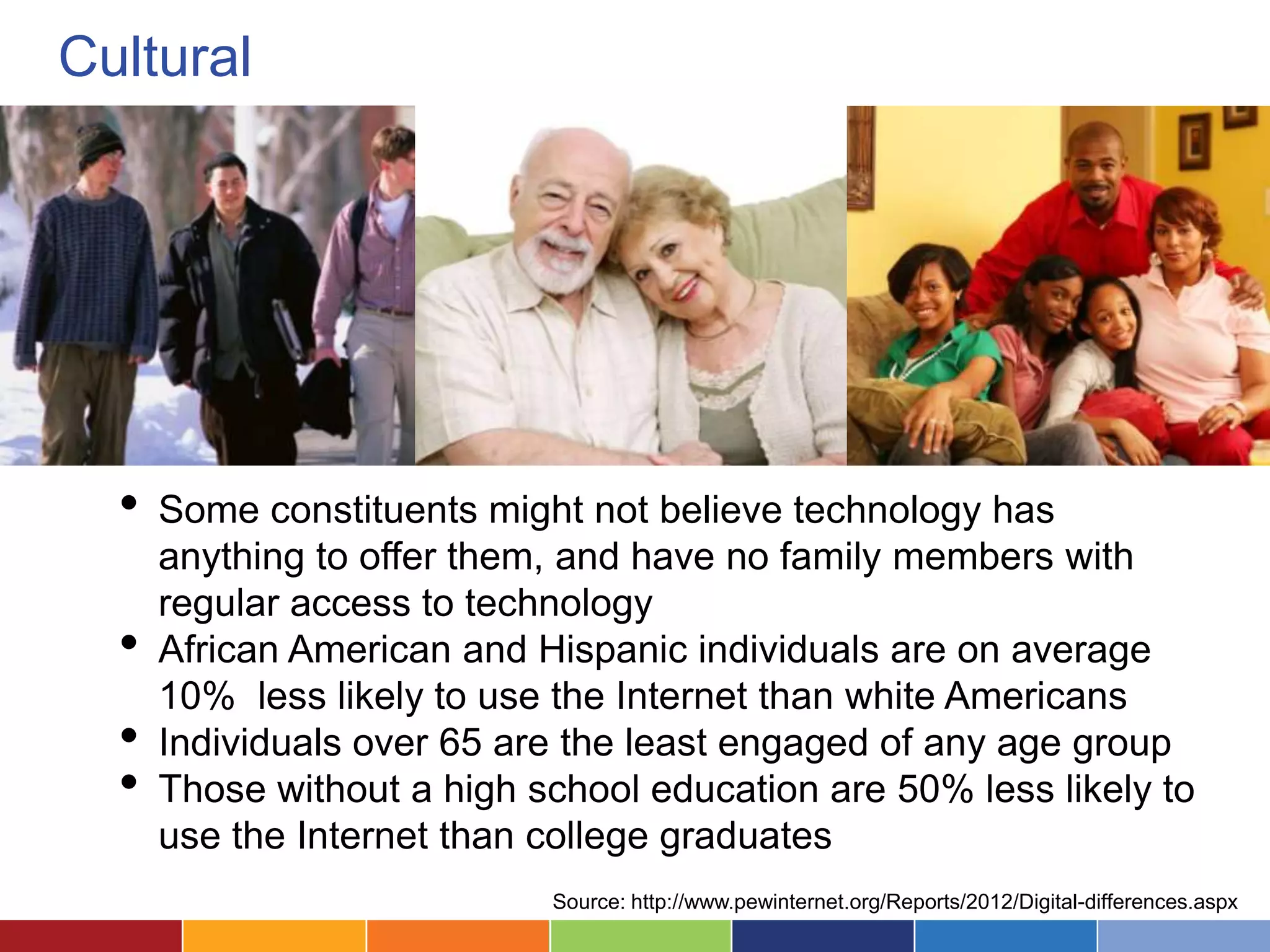 Cultural




  •   Some constituents might not believe technology has
      anything to offer them, and have no family members with
      regular access to technology
  •   African American and Hispanic individuals are on average
      10% less likely to use the Internet than white Americans
  •   Individuals over 65 are the least engaged of any age group
  •   Those without a high school education are 50% less likely to
      use the Internet than college graduates
                            Source: http://www.pewinternet.org/Reports/2012/Digital-differences.aspx
 