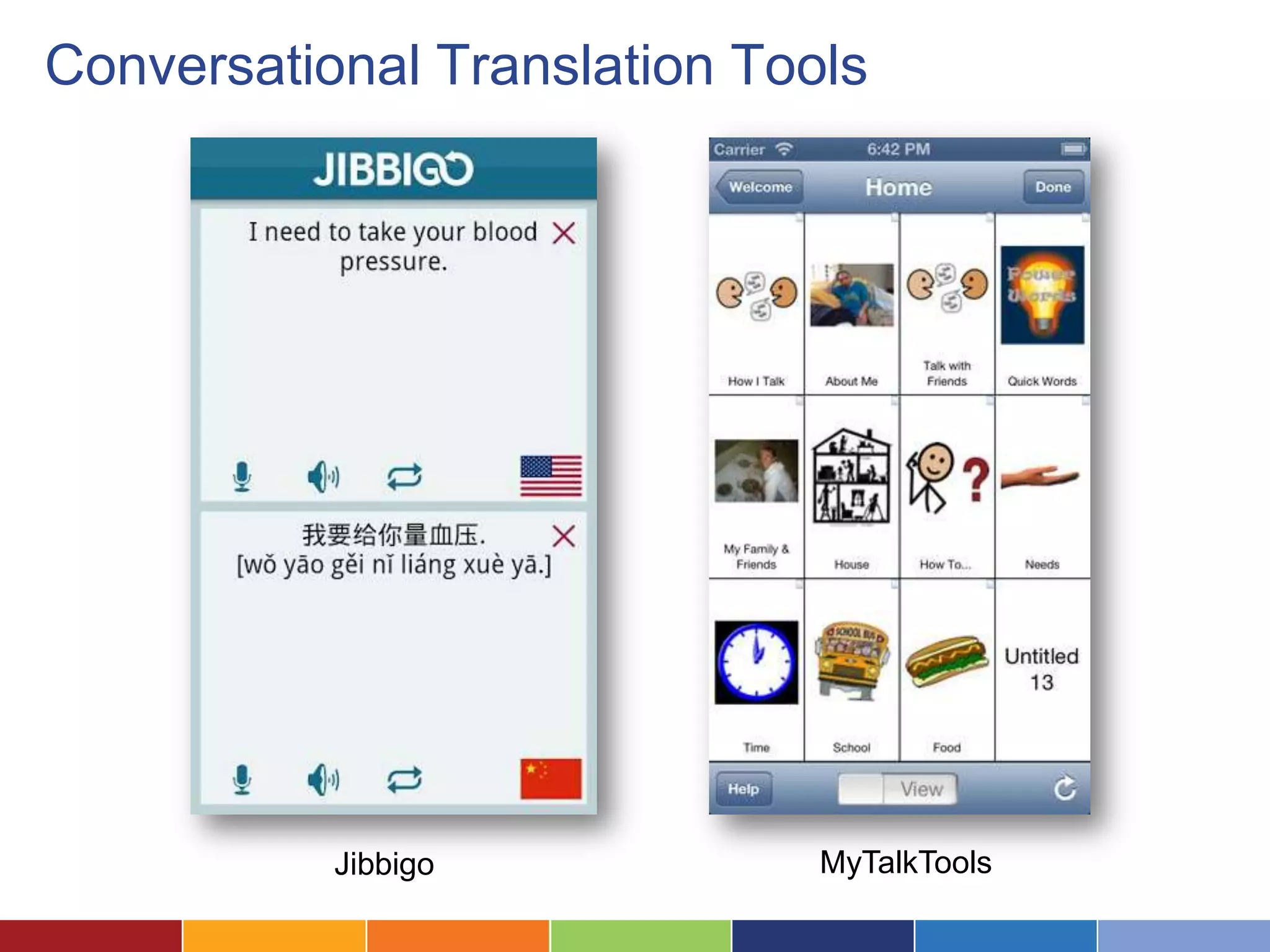 Conversational Translation Tools




           Jibbigo            MyTalkTools
 