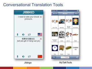 Conversational Translation Tools




           Jibbigo            MyTalkTools
 