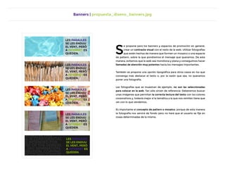 Banners | propuesta_diseno_banners.jpg
S
e propone para los banners y espacios de promoción en general,
crear un contraste visual con el resto de la web. Utilizar fotografías
que estén hechas de manera que formen un mosaico o una especie
de pattern, sobre la que pondremos el mensaje que queramos. De esta
manera, evitamos que la web sea monótona y plana y conseguimos hacer
llamadas de atención muy potentes hacia los mensajes importantes.
También se propone una opción tipográfica para otros casos en los que
convenga más destacar el texto o, por la razón que sea, no queramos
poner una fotografía.
Las fotografías que se muestran de ejemplo, no son las seleccionadas
para colocar en la web. Tan sólo sirven de referencia. Deberemos buscar
unas imágenes que permitan la correcta lectura del texto con los colores
corporativos y, todavía mejor si la temática a la que nos remiten tiene que
ver con lo que vendemos.
Es importante el concepto de pattern o mosaico, porque de esta manera
la fotografía nos servirá de fondo pero no hará que el usuario se fije en
cosas determinadas de la misma.
 