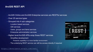 ArcGIS REST API
• ArcGIS Online and ArcGIS Enterprise services are RESTful services
• Over 25 service types
• Grouped into...
