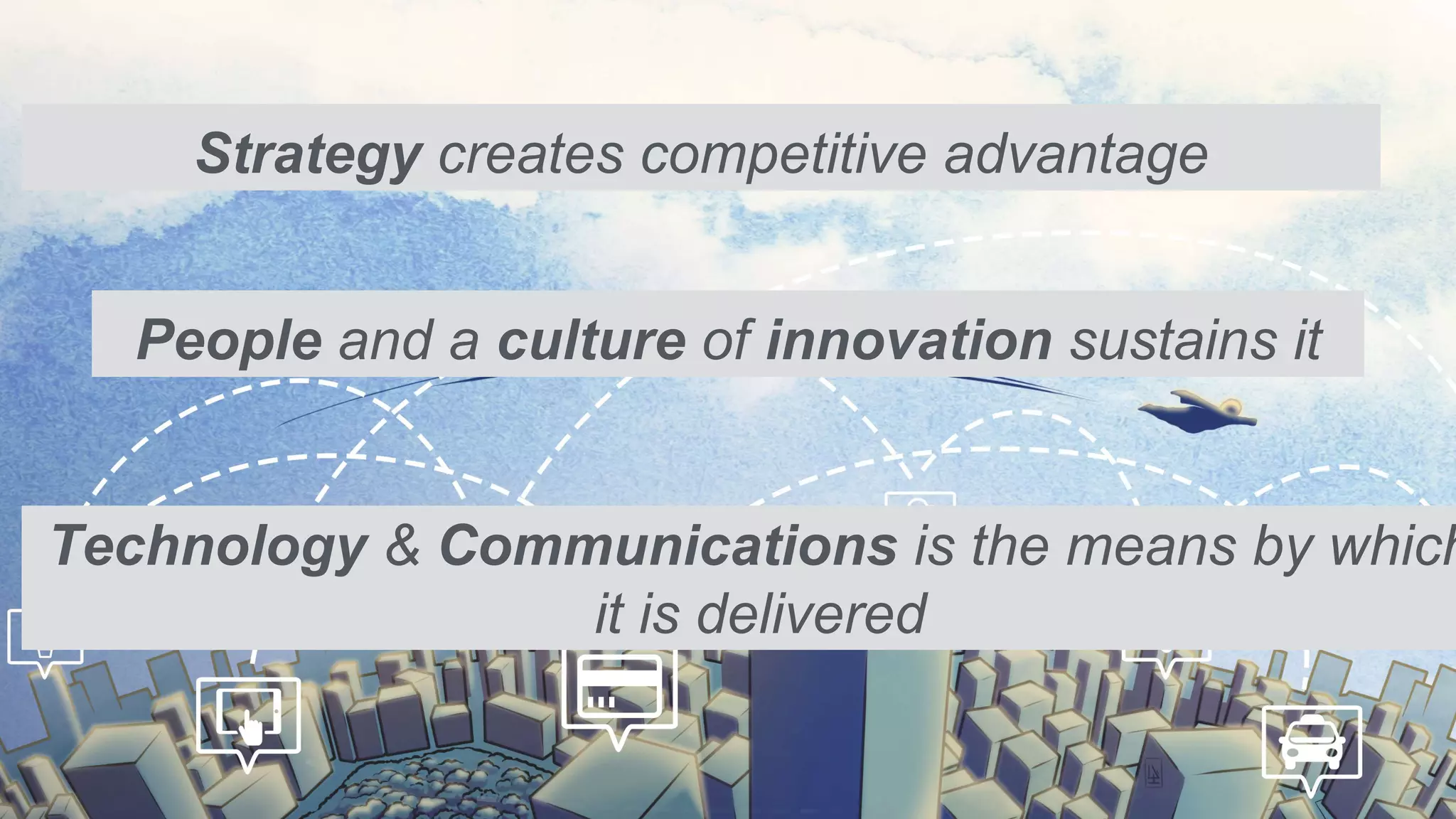 Strategy creates competitive advantage
People and a culture of innovation sustains it
Technology & Communications is the means by which
it is delivered