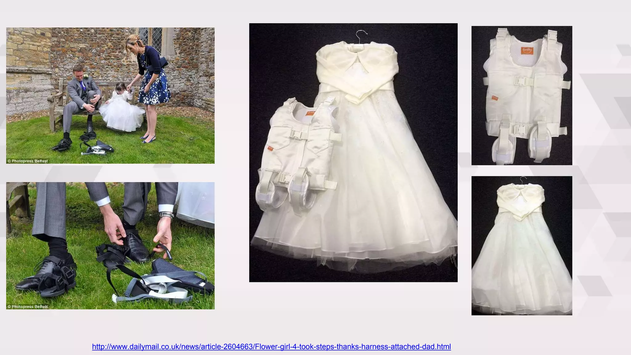 http://www.dailymail.co.uk/news/article-2604663/Flower-girl-4-took-steps-thanks-harness-attached-dad.html