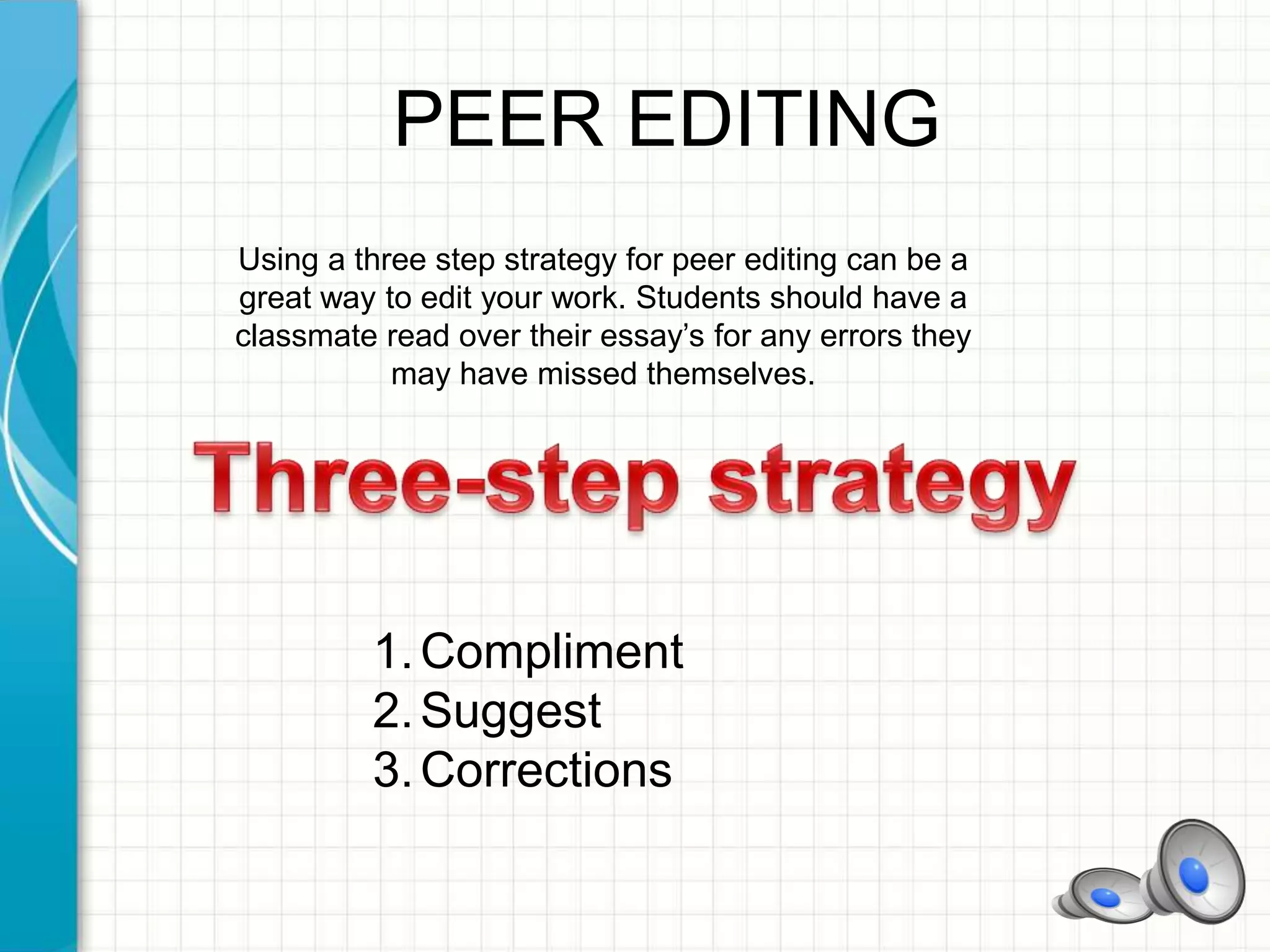 PEER EDITING
Using a three step strategy for peer editing can be a
great way to edit your work. Students should have a
classmate read over their essay’s for any errors they
may have missed themselves.
1.Compliment
2.Suggest
3.Corrections
 