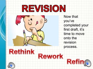 Now that
you’ve
completed your
first draft, it’s
time to move
onto the
revision
process.
 