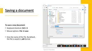 Saving a document
To save a new document:
• Keyboard shortcut: Ctrl + S
• Mouse options: File → save
• Give the name of the file. By default,
the file is saved in .odt format.
By-Amresh Tiwari(SGEI)
 