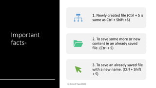 Important
facts-
1. Newly created file (Ctrl + S is
same as Ctrl + Shift +S)
2. To save some more or new
content in an already saved
file. (Ctrl + S)
3. To save an already saved file
with a new name. (Ctrl + Shift
+ S)
 