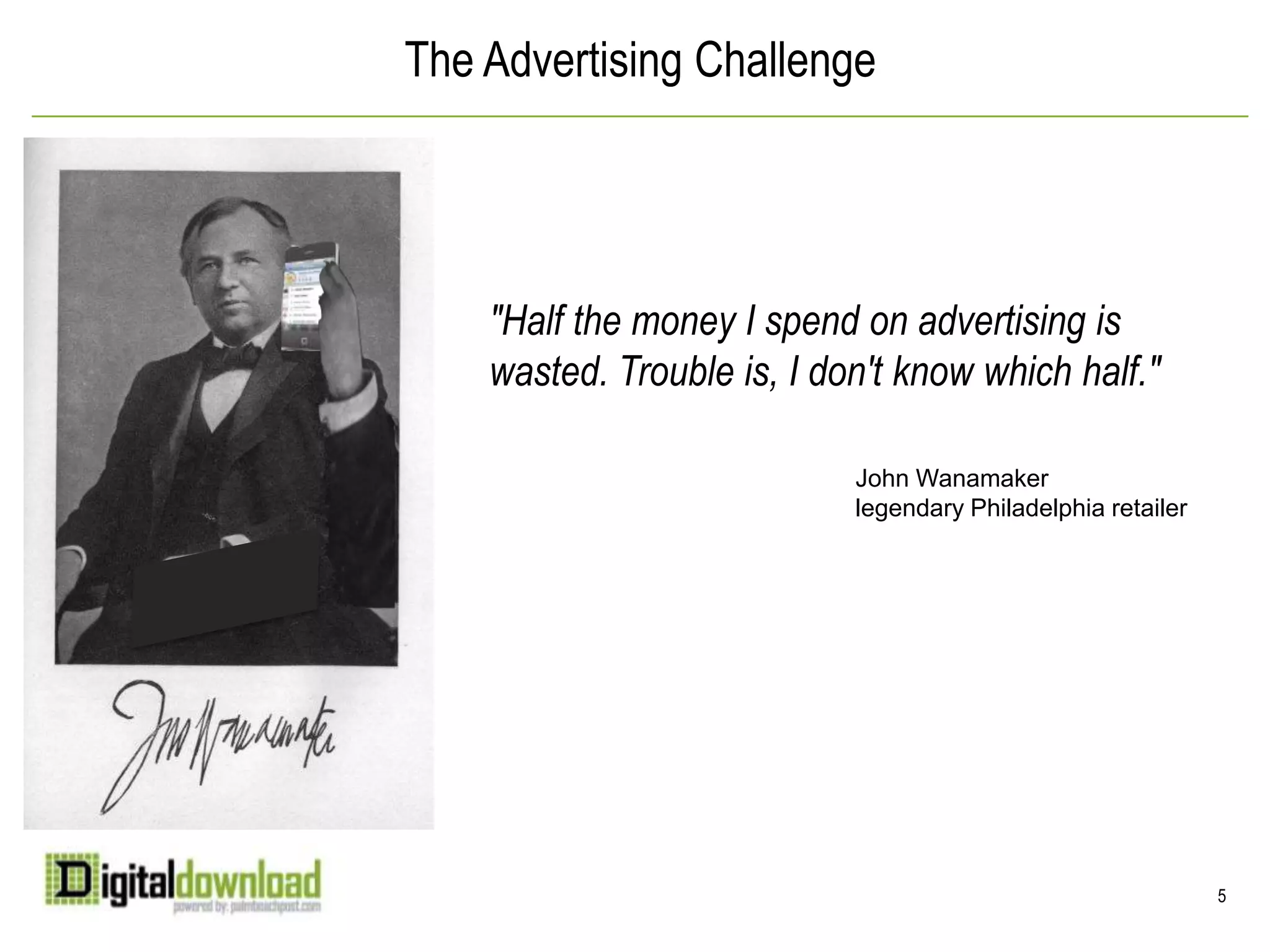 The Advertising Challenge"Half the money I spend on advertising is wasted. Trouble is, I don't know which half."			 John Wanamakerlegendary Philadelphia retailer5