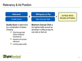 Relevancy & Ad PositionRelevanceWillingness to PayAd Rank Which Denotes Ad PositionX=Quality Score is determined by a combination of factors including:Click-through-rate (clicks divided by impressions)Keyword and ad text relevanceLanding page qualityMaximum Cost per Click is the highest dollar amount an advertiser is willing to pay for one click on their ad.Quality ScoreMax Cost per Click99