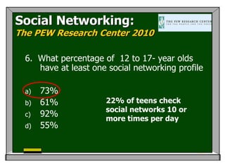 Social Networking:
The PEW Research Center 2010

  6. What percentage of 12 to 17- year olds
     have at least one social networking profile

  a)   73%
  b)   61%            22% of teens check
                      social networks 10 or
  c)   92%
                      more times per day
  d)   55%
 