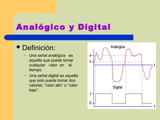 Analógico y Digital Definición:   Una señal analógica  es aquella que puede tomar cualquier  valor  en  el tiempo. Una señal digital es aquella que solo puede tomar dos valores; “valor alto” o “valor bajo”. 
