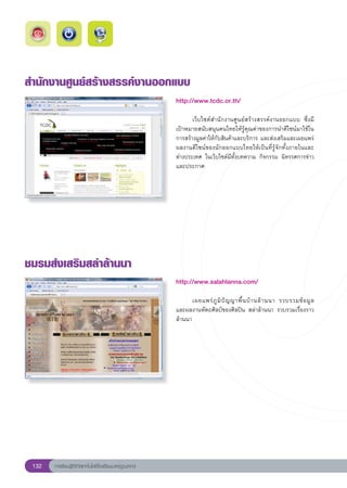สำนักงานศูนย์สร้างสรรค์งานออกแบบ
                                                        http://www.tcdc.or.th/
                                                        
                                                        	      เว็บไซต์สำนักงานศูนย์สร้างสรรค์งานออกแบบ	 ซึ่งมี
                                                        เป้าหมายสนับสนุนคนไทยให้รู้คุณค่าของการนำดีไซน์มาใช้ใน
                                                        การสร้างมูลค่าให้กับสินค้าและบริการ	และส่งเสริมและเผยแพร่
                                                        ผลงานดีไซน์ของนักออกแบบไทยให้เป็นที่รู้จักทั้งภายในและ
                                                        ต่างประเทศ	 ในเว็บไซต์มีทั้งบทความ	 กิจกรรม	 นิทรรศการข่าว
                                                        และประกาศ	




ชมรมส่งเสริมสล่าล้านนา
                                                        http://www.salahlanna.com/
                                                        
                                                        	     เผยแพร่ ภู มิ ปั ญ ญาพื้ น บ้ า นล้ า นนา	 รวบรวมข้ อ มู ล
                                                                                                                        	
                                                        และผลงานหัตถศิลป์ของศิลปิน	สล่าล้านนา	รวบรวมเรื่องราว
                                                        ล้านนา	




 132   การเรียนรู้ดิจิทัลเทคโนโลยีโรงเรียนมาตรฐานสากล
 