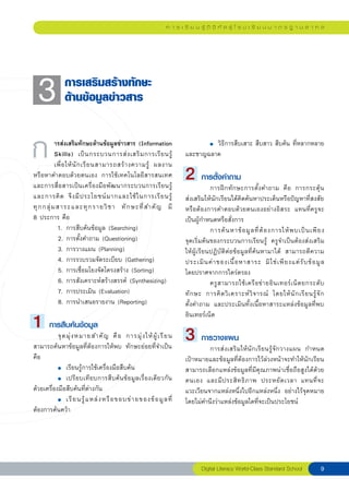 ก า ร เ รี ย น รู้ ดิ จิ ทั ล สู่ โ ร ง เ รี ย น ม า ต ร ฐ า น ส า ก ล




  3
            การเสริมสร้างทักษะ
                ด้านข้อมูลข่าวสาร


ก
         ารส่งเสริมทักษะด้านข้อมูลข่าวสาร (Information
           Skills) เป็ น กระบวนการส่ ง เสริ ม การเรี ย นรู้ 
           เพื่ อ ให้ นั ก เรี ย นสามารถสร้ า งความรู้ ผลงาน
                                                                           

     ●	 วิธีการสืบเสาะ สืบสาว สืบค้น ที่หลากหลาย

                                                                           และชาญฉลาด
                                                                           
หรือหาคำตอบด้วยตนเอง การใช้เทคโนโลยีสารสนเทศ
และการสื่อสารเป็นเครื่องมือพัฒนากระบวนการเรียนรู้
                                                                           2 การตั้งคำถาม
                                                                                      การฝึกทักษะการตั้งคำถาม คือ การกระตุ้น
และการคิ ด จึ ง มี ป ระโยชน์ ม ากและใช้ ใ นการเรี ย นรู้
                  ส่งเสริมให้นักเรียนได้คิดค้นหาประเด็นหรือปัญหาที่สงสัย
ทุ ก กลุ่ ม สาระและทุ ก รายวิ ช า ทั ก ษะที่ ส ำคั ญ มี 
                  หรือต้องการคำตอบด้วยตนเองอย่างอิสระ แทนที่ครูจะ
8 ประการ คือ                                                               เป็นผู้กำหนดหรือสั่งการ
             1. การสืบค้นข้อมูล (Searching)                                           การค้ น หาข้ อ มู ล ที่ ต้ อ งการให้ พ บเป็ น เพี ย ง
             2. การตั้งคำถาม (Questioning)                                 จุดเริ่มต้นของกระบวนการเรียนรู้ ครูจำเป็นต้องส่งเสริม
             3. การวางแผน (Planning)                                       ให้ผู้เรียนปฏิบัติต่อข้อมูลที่ค้นหามาได้ สามารถตีความ
             4. การรวบรวมจัดระเบียบ (Gathering)                            ประเมิ น ค่ า ของเนื้ อ หาสาระ มิ ใ ช่ เ พี ย งแต่ รั บ ข้ อ มู ล
             5. การเชื่อมโยงจัดโครงสร้าง
(Sorting)
                        โดยปราศจากการไตร่ตรอง
             6. การสังเคราะห์สร้างสรรค์ (Synthesizing)                                ครู ส ามารถใช้ เ ครื อ ข่ า ยอิ น เทอร์ เ น็ ต ยกระดั บ
             7. การประเมิน (Evaluation)                                    ทั ก ษะ การคิ ด วิ เ คราะห์ วิ จ ารณ์ โดยให้ นั ก เรี ย นรู้ จั ก
             8. การนำเสนอรายงาน (Reporting)                                ตั้งคำถาม และประเมินทั้งเนื้อหาสาระแหล่งข้อมูลที่พบ

1 การสืบค้นข้อมูล                                                          อินเทอร์เน็ต
                                                                           
           จุ ด มุ่ ง หมายสำคั ญ คื อ การมุ่ ง ให้ ผู้ เ รี ย น
สามารถค้นหาข้อมูลที่ต้องการให้พบ ทักษะย่อยที่จำเป็น
                                                                           3 การวางแผน
                                                                                    การส่งเสริมให้นักเรียนรู้จักวางแผน กำหนด
คือ                                                                        เป้าหมายและข้อมูลที่ต้องการไว้ล่วงหน้าจะทำให้นักเรียน

          ●	 เรียนรู้การใช้เครื่องมือสืบค้น	
                                                                           สามารถเลือกแหล่งข้อมูลที่มีคุณภาพน่าเชื่อถือสูงได้ด้วย


         ●	 เปรี ย บเที ย บการสื บ ค้ น ข้ อ มู ล เรื่ อ งเดี ย วกั น
                                                                           ตนเอง และมี ป ระสิ ท ธิ ภ าพ ประหยั ด เวลา แทนที่ จ ะ
ด้วยเครื่องมือสืบค้นที่ต่างกัน                                             แวะเวียนจากแหล่งหนึ่งไปอีกแหล่งหนึ่ง อย่างไร้จุดหมาย


         ●	 เรี ย นรู้ แ หล่ ง หรื อ ขอบข่ า ยของข้ อ มู ล ที่
                                                                           โดยไม่คำนึงว่าแหล่งข้อมูลใดที่จะเป็นประโยชน์
ต้องการค้นคว้า




                                                                                  Digital
Literacy
World-Class
Standard
School            
 