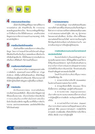 4 การรวบรวมจัดระเบียบ
              เมื่อนักเรียนได้ข้อมูลที่มีคุณภาพตามที่ต้องการ
                                                                      8 การนำเสนอรายงาน
                                                                                   การนำเสนอข้อมูล รายงานข้อค้นพบหรือแสดง
จากแหล่งต่างๆ แล้ว ทักษะที่จำเป็น คือ การรวบรวม                       ผลงานที่สร้างสรรค์ขึ้นมาด้วยตนเองเป็นเรื่องสำคัญมาก
สะสมข้อมูลและจัดระเบียบ จัดประเภทข้อมูลที่สำคัญๆ                      ซึ่งต่างจากการนำผลงานหรือความคิดของคนอื่นมาแสดง
เอาไว้ เ พื่ อ นำมาเรี ย กใช้ ไ ด้ ด้ ว ยตนเอง แทนที่ จ ะปล่ อ ย      การนำเสนอผลงานต่ อ หน้ า ผู้ ฟั ง เช่ น ครู ผู้ ป กครอง
ข้อมูลปะปนกระจัดกระจายและจำแนกหมวดหมู่ ลำดับ                          โดยเฉพาะอย่างยิ่งเพื่อนๆ นักเรียน หรือการที่ได้แสดง
สาระสำคัญได้ยาก                                                       ผลงานต่อคนทั่วโลกบนเว็บไซต์ นอกจากจะเป็นแรงจูงใจ

                                                                     ที่ ส ำคั ญ แล้ ว ยั ง ช่ ว ยเพิ่ ม ความรั บ ผิ ด ชอบร่ ว มกั น และ
5 การเชื่อมโยงจัดโครงสร้าง
           เป็นทักษะที่มีความต่อเนื่องจากการจัดระเบียบ
                                                                      ยกระดับมาตรฐานการเรียนรู้ของผู้เรียนทุกคน
                                                                      
ข้ อ มู ล โดยการกำหนดเค้ า โครงหรื อ โครงสร้ า งข้ อ มู ล
                    การส่งเสริมความสามารถในการวิเคราะห์
ที่สัมพันธ์กันหรือเป็นเรื่องราวสอดคล้องมาเชื่อมโยงกัน                 และประเมินเว็บไซต์
หรือจัดเข้าชุดเดียวกัน ทั้งนี้เป็นผลมาจากประเด็นคำถาม                      อิ น เทอร์ เ น็ ต นั บ ว่ า เป็ น แหล่ ง ข้ อ มู ล ข่ า วสาร
หรือเรื่องราวที่ได้ค้นคว้า ซึ่งกำหนดไว้เบื้องแรก            ขนาดมหึมาและหลากหลาย มีทั้งข้อมูลที่มีสาระและไร้สาระ

                                                           ทั้งที่ถูกต้องและผิดพลาด ครูจำเป็นต้องส่งเสริม ความ
6         การสังเคราะห์สร้างสรรค์
             เป็นความสามารถในการแสดงมุมมองความคิด
                                                            สามารถในการวิ เ คราะห์ แ ละประเมิ น คุ ณ ค่ า สาระของ
                                                            เว็ บ ไซต์ ที่ เ รี ย กค้ น จากอิ น เทอร์ เ น็ ต ซึ่ ง จะช่ ว ยส่ ง เสริ ม
การตั ด สิ น ใจ ตลอดจนสร้ า งผลงานที่ ใ ช้ ภ าษา คำพู ด 
 ทักษะด้านข้อมูลข่าวสารของนักเรียนได้ดี
คำอธิบาย หรือชิ้นงานที่เป็นตัวของตัวเอง มิใช่นำข้อมูล                      โดยทั่ ว ไปแล้ ว มี ป ระเด็ น บ่ ง ชี้ คุ ณ ภาพของ
หรือข้อสรุปของผู้อื่นมาอ้างหรือบอกต่อ ซึ่งในกระบวนการนี้    เว็บไซต์ที่สำคัญๆ คือ
ถือได้ว่าผู้เรียนได้สร้างข้อมูลความรู้ใหม่ขึ้นมาเองได้แล้ว                 1. ความยากง่ายในการเรียกใช้ (Accessibility)

                                                           ในแง่ความเร็วและความสะดวกในการเข้าถึง
7         การประเมิน
             นั ก เรี ย นจะตรวจสอบ ทบทวนข้ อ ค้ น พบ
                                                                           2. ความถูกต้องน่าเชื่อถือ (Accuracy) ซึ่งรวม
                                                            ทั้งเนื้อหาสาระ แหล่งข้อมูล และผู้สร้างหรือเผยแพร่
                                                                           3. ความเหมาะสม (Appropriateness)
ประเด็นคำตอบและตัดสินใจ เพื่อประเมินว่าข้อมูลความรู้
                                                            เป็นการพิจารณาความเหมาะสมของเนื้อหาสาระในแง่
ที่ ค้ น พบนั้ น เหมาะสม เป็ น ประโยชน์ ม ากน้ อ ยเพี ย งใด
                                                            การรับรู้ของผู้ใช้ว่ายากง่ายเพียงใด ตรงวัตถุประสงค์ที่จะใช้งาน
การประเมิ น เป็ น วงจรที่ ด ำเนิ น ไปอย่ า งต่ อ เนื่ อ ง 
                                                            หรือไม่
ยิ่งนักเรียนมีประสิทธิภาพสูงขึ้นเวลาที่ใช้ในการจัดเก็บ
                                                                           4. ความน่ า สนใจในการนำเสนอ (Appeal)
รวบรวม และประมวลผลจะลดลง และยังช่วยให้นักเรียน
                                                            เป็นการประเมินความสวยงามหรือคุณลักษณะทางด้าน
ไม่รีบร้อนด่วนสรุป
                                                            รูปลักษณ์ สีสัน รูปแบบการนำเสนอว่า กระตุ้นให้เกิด
                                                            ความสนใจ น่าเพลิดเพลิน หรือช่วยให้เกิดการเรียกใช้งาน
                                                            หรือไม่ เพียงใด ตามการรับรู้ของผู้ใช้




    10       การเรียนรู้ดิจิทัลเทคโนโลยีโรงเรียนมาตรฐานสากล
 