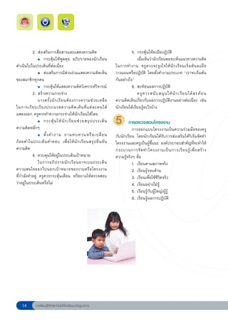 2. ส่งเสริมการสื่อสารและแสดงความคิด                              5. กระตุ้นให้ลงมือปฏิบัติ

          
 ●	 กระตุ้นให้พูดคุย อภิปรายของนักเรียน
              
         
 เมื่อเห็นว่านักเรียนพอจะเห็นแนวทางความคิด
ดำเนินไปในประเด็นที่ต่อเนื่อง                                     ในการทำงาน ครู ค วรจะจู ง ใจให้ นั ก เรี ย นเริ่ ม ต้ น ลงมื อ

          
 ●	 ส่งเสริมการมีส่วนร่วมแสดงความคิดเห็น
             วางแผนหรือปฏิบัติ โดยตั้งคำถามประเภท “เราจะเริ่มต้น
ของสมาชิกทุกคน                                                    กันอย่างไร”

          
 ●	 กระตุ้นให้แสดงความคิดวิเคราะห์วิจารณ์                       6. สะท้อนผลการปฏิบัติ
           3. สร้างความกระจ่าง                                                  ครู ค วรสนั บ สนุ น ให้ นั ก เรี ย นได้ ส ะท้ อ น
              บางครั้ ง นั ก เรี ย นต้ อ งการความช่ ว ยเหลื อ
    ความคิดเห็นเกี่ยวกับผลการปฏิบัติงานอย่างต่อเนื่อง เช่น
ในการเรี ย บเรี ย งประมวลความคิ ด เห็ น ที่ แ ต่ ล ะคนได้         นักเรียนได้เรียนรู้อะไรบ้าง
แสดงออก ครูควรทำความกระจ่างให้นักเรียนได้โดย                      

          
 ●	 กระตุ้ น ให้ นั ก เรี ย นช่ ว ยสรุ ป ประเด็ น
ความคิดหลักๆ
                                                                  5        การตรวจสอบโครงงาน
                                                                             การออกแบบโครงงานเป็นความร่วมมือของครู

          
 ●	 ตั้ ง คำถาม ถามทบทวนหรื อ เปลี่ ย น
              กับนักเรียน โดยนักเรียนได้รับการส่งเสริมให้ริเริ่มจัดทำ
ถ้ อ ยคำในประเด็ น คำตอบ เพื่ อ ให้ นั ก เรี ย นสรุ ป ยื น ยั น   โครงงานและครูเป็นผู้ชี้แนะ องค์ประกอบสำคัญที่จะทำให้
ความคิด                                                           กระบวนการจั ด ทำโครงงานเป็ น การเรี ย นรู้ เ พื่ อ สร้ า ง
           4. ควบคุมให้อยู่ในประเด็นเป้าหมาย                      ความรู้จริงๆ คือ
              ในการอภิ ป รายนั ก เรี ย นอาจเบนประเด็ น                       1. เรียนตามสภาพจริง
ความสนใจออกไปนอกเป้าหมายของงานหรือโครงงาน
                                   2. เรียนรู้รอบด้าน
ที่กำลังทำอยู่ ครูควรกระตุ้นเตือน หรือถามให้ตรวจสอบ                          3. เรียนเพื่อใช้ชีวิตจริง
ว่าอยู่ในประเด็นหรือไม่                                                      4. เรียนอย่างใฝ่รู้
                                                                             5. เรียนรู้กับผู้ใหญ่/ผู้รู้
                                                                             6. เรียนรู้ผลการปฏิบัติ
                                                                  
                                                                  
                                                                  
                                                                  
                                                                  
                                                                  
                                                                  
                                                                  




    1       การเรียนรู้ดิจิทัลเทคโนโลยีโรงเรียนมาตรฐานสากล
 