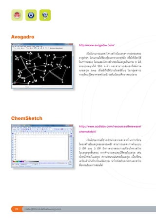 Avogadro
                                                        http://www.avogadro.com/	
                                                        
                                                        	       เป็นโปรแกรมแสดงโครงสร้างโมเลกุลจากอะตอมของ
                                                        ธาตุต่างๆ	โปรแกรมได้จัดเตรียมตารางธาตุหลัก	เพื่อให้เรียกใช้
                                                        ในการทดลอง	โดยแสดงโครงสร้างของโมเลกุลเป็นภาพ	3	มิต
         ิ
                                                        สามารถหมุนได้	 360	 องศา	 และสามารถส่งออกไฟล์ภาพ	
                                                        นามสกุล	 .bmp	 เมื่อนำไปใช้ประโยชน์อื่นๆ	 ในกลุ่มสาระ	      
                                                        การเรียนรู้วิทยาศาสตร์(เคมี)ระดับมัธยมศึกษาตอนปลาย	




ChemSketch
                                                        http://www.acdlabs.com/resources/freeware/	
                                                                                                  	
                                                        chemsketch/	
                                                        
                                                        	        เป็นโปรแกรมที่ช่วยอำนวยความสะดวกในการเขียน
                                                        โครงสร้ า งโมเลกุ ล ของสารเคมี	 สามารถแสดงภาพในแบบ		          
                                                        2	 มิ ติ	 และ	 3	 มิ ติ	 มี ก ารตรวจสอบการเขี ย นโครงสร้ า ง
                                                        โมเลกุลทุกขั้นตอน	 การคำนวณคุณสมบัติของโมเลกุล	 เช่น	
                                                        น้ำหนักของโมเลกุล	 ความหนาแน่นของโมเลกุล	 เมื่อเขียน
                                                        เสร็จแล้วบันทึกเป็นแฟ้มภาพ	 นำไปจัดทำเอกสารและสร้าง	        
                                                        สื่อการเรียนการสอนได้	




 26   การเรียนรู้ดิจิทัลเทคโนโลยีโรงเรียนมาตรฐานสากล
 