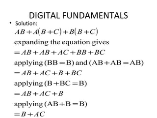 DIGITAL FUNDAMENTALS
• Solution:
( ) ( )
ACB
BACAB
BCBACAB
BCBBACABAB
CBBCBAAB
+=
=+
++=
=+
+++=
=+=
++++=
++++
B)B(ABapplying
B)BC(Bapplying
AB)AB(ABandB)(BBapplying
givesequationtheexpanding
 