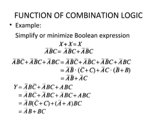 FUNCTION OF COMBINATION LOGIC
• Example:
Simplify or minimize Boolean expression
 