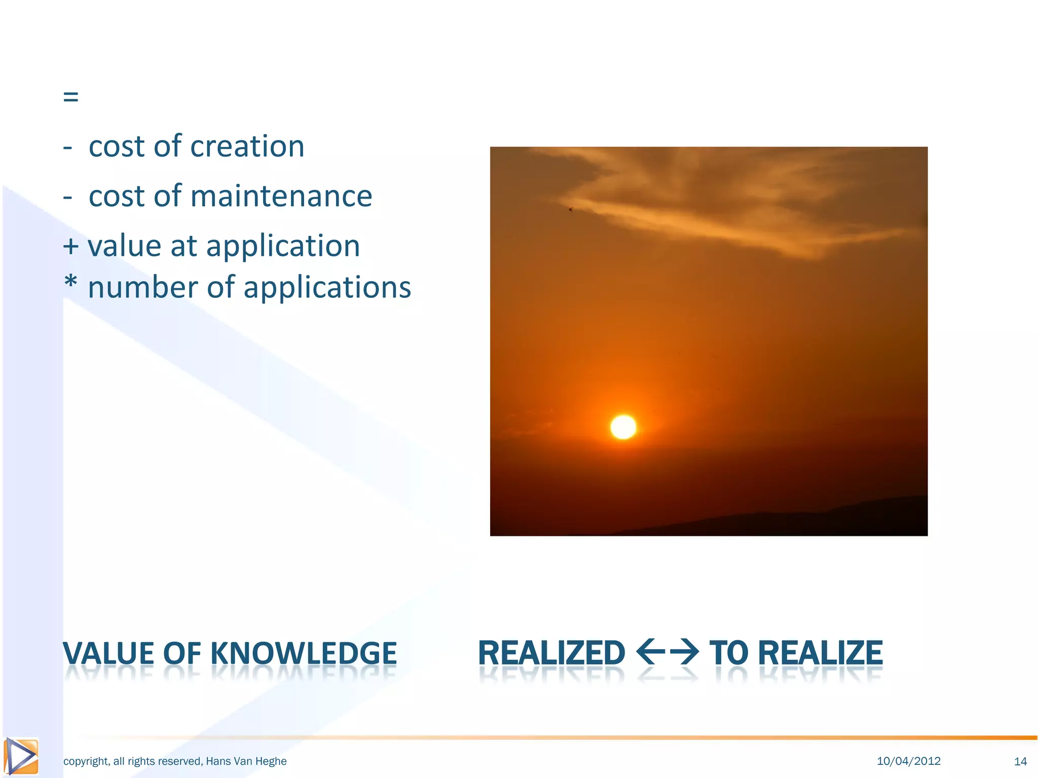 =
- cost of creation
- cost of maintenance
+ value at application
* number of applications




VALUE OF KNOWLEDGE                               REALIZED  TO REALIZE

copyright, all rights reserved, Hans Van Heghe                        10/04/2012   14
 