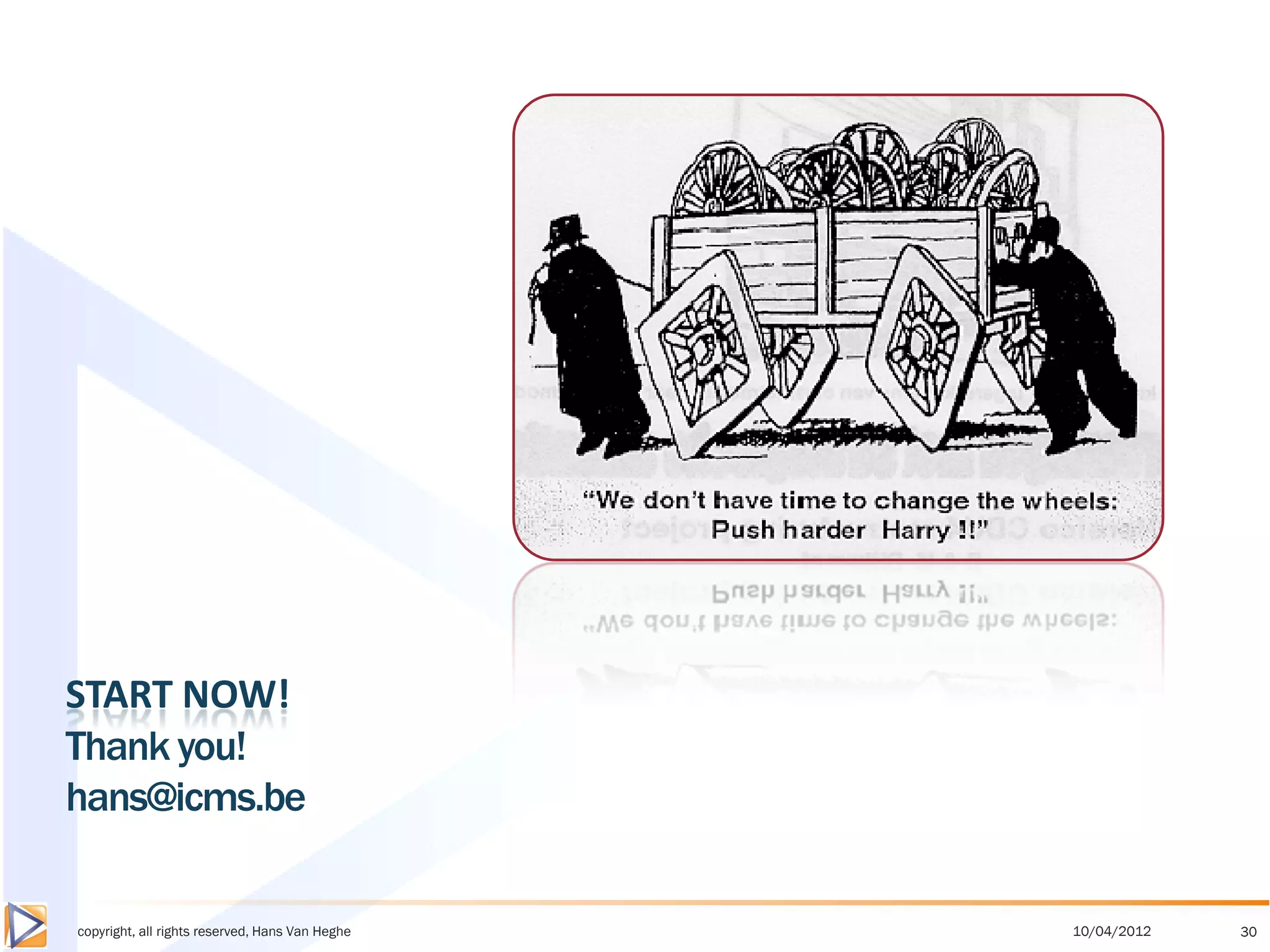 START NOW!
Thank you!
hans@icms.be

copyright, all rights reserved, Hans Van Heghe   10/04/2012   30
 