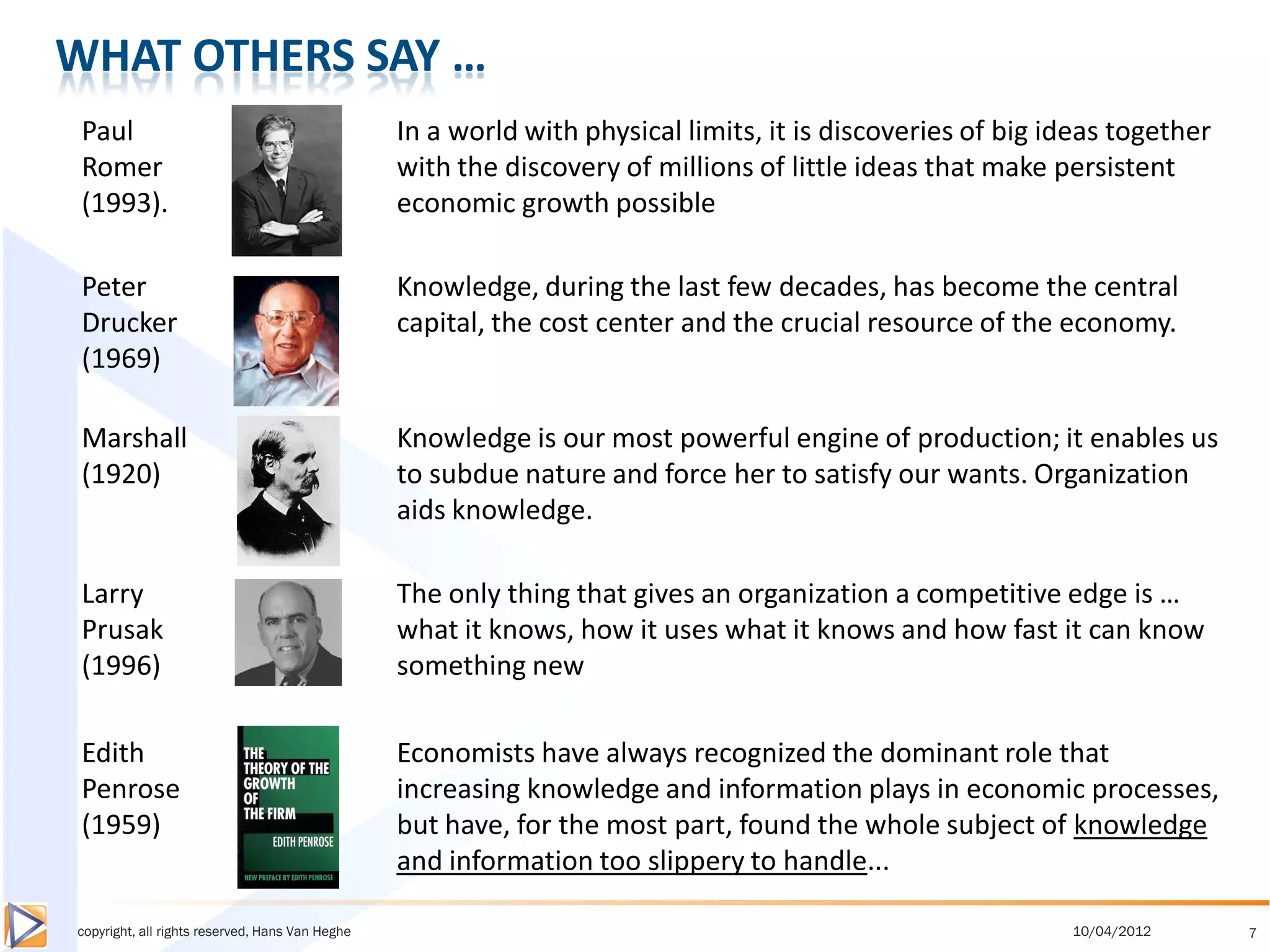 WHAT OTHERS SAY …
 Paul                                            In a world with physical limits, it is discoveries of big ideas together
 Romer                                           with the discovery of millions of little ideas that make persistent
 (1993).                                         economic growth possible

 Peter                                           Knowledge, during the last few decades, has become the central
 Drucker                                         capital, the cost center and the crucial resource of the economy.
 (1969)

 Marshall                                        Knowledge is our most powerful engine of production; it enables us
 (1920)                                          to subdue nature and force her to satisfy our wants. Organization
                                                 aids knowledge.

 Larry                                           The only thing that gives an organization a competitive edge is …
 Prusak                                          what it knows, how it uses what it knows and how fast it can know
 (1996)                                          something new

 Edith                                           Economists have always recognized the dominant role that
 Penrose                                         increasing knowledge and information plays in economic processes,
 (1959)                                          but have, for the most part, found the whole subject of knowledge
                                                 and information too slippery to handle...

copyright, all rights reserved, Hans Van Heghe                                                              10/04/2012      7
 
