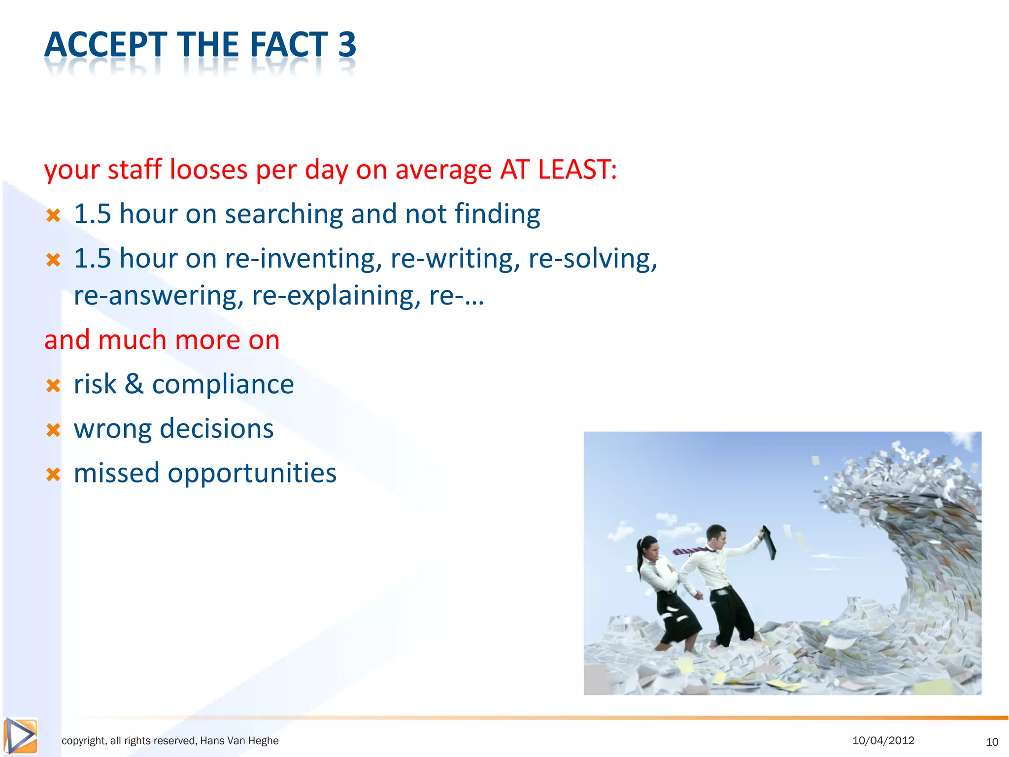 ACCEPT THE FACT 3


your staff looses per day on average AT LEAST:
 1.5 hour on searching and not finding

 1.5 hour on re-inventing, re-writing, re-solving,
  re-answering, re-explaining, re-…
and much more on
 risk & compliance

 wrong decisions

 missed opportunities




 copyright, all rights reserved, Hans Van Heghe       10/04/2012   10
 