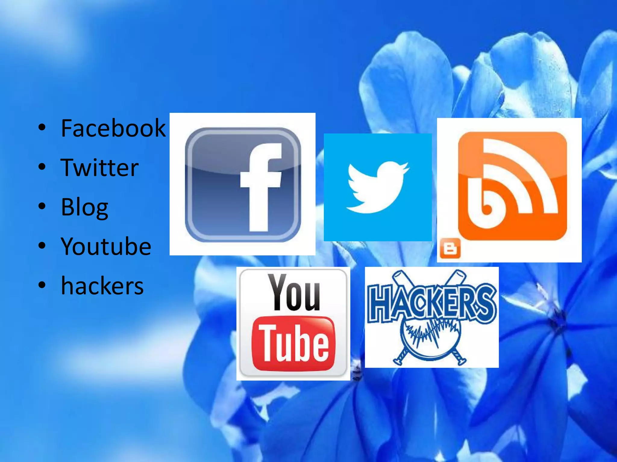 • Facebook
• Twitter
• Blog
• Youtube
• hackers
 
