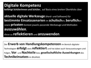 Digitale Kompetenz
befähigt Schülerinnen und Schüler, auf Basis eines breiten Überblicks über
aktuelle digitale Werkzeuge (Hard- und Software) für
bestimmte Einsatzszenarien im schulischen, beruflichen
sowie privaten Kontext jeweils passende Werkzeuge und Methoden
auszuwählen,
diese zu reflektierenund anzuwenden.
Der Erwerb von Handlungskompetenzen im Bereich digitaler
Technologien erfolgt stets reflektiert und hat dabei auch Voraussetzungen und
Folgen, Vor- und Nachteile bzw. gesellschaftliche Auswirkungen des
Technikeinsatzes im Blickfeld.
 