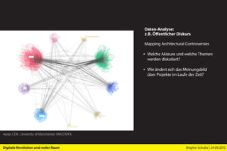 Daten-Analyse:
                                                 z.B. Öffentlicher Diskurs

                                                 Mapping Architectural Controversies

                                                 ▪ Welche Akteure und welche Themen
                                                   werden diskutiert?

                                                 ▪ Wie ändert sich das Meinungsbild
                                                   über Projekte im Laufe der Zeit?




Aedas CDR , University of Manchester/ MACOSPOL


Digitale Revolution und realer Raum                                    Brigitte Schultz | 24.09.2012
 